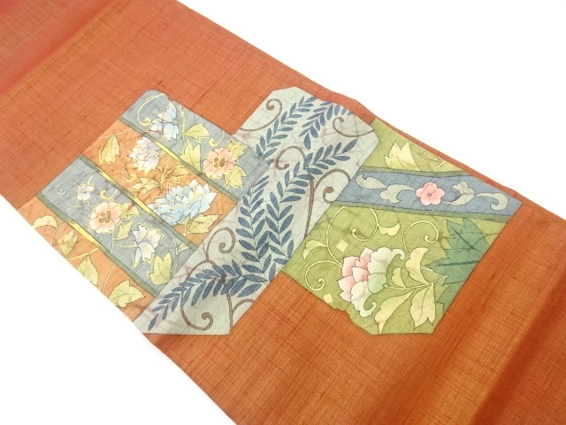 手織り紬手描き花唐草に色紙模様袋帯